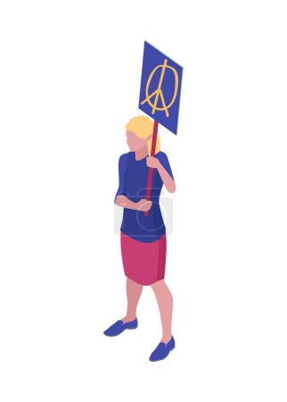 Illustration for Isometric protesting woman holding placard with peace sign vector illustration - Royalty Free Image