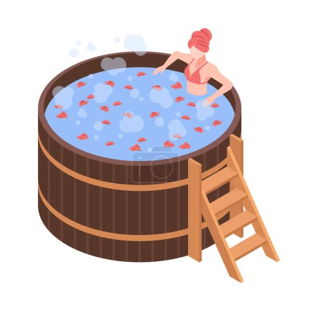 Ilustración de Isométrica mujer relajante en caliente japonés baño 3d vector ilustración - Imagen libre de derechos
