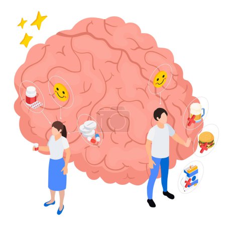 Illustration for Mental health wellness composition of isometric icons with man and woman refusing bad habits junk food vector illustration - Royalty Free Image