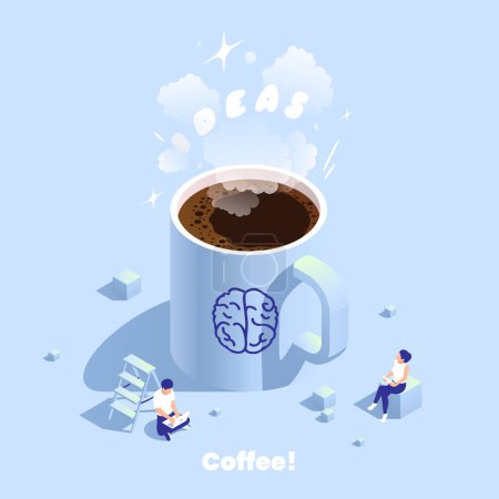 Illustration for Productivity improvement boosting isometric composition with view of coffee cup with smoke and coworkers human characters vector illustration - Royalty Free Image