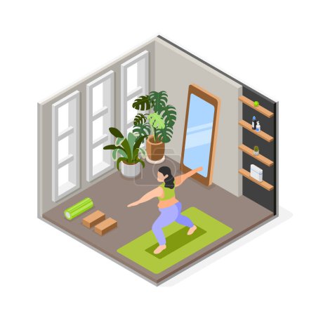 Illustration for Overweight woman doing yoga at home isometric composition 3d vector illustration - Royalty Free Image