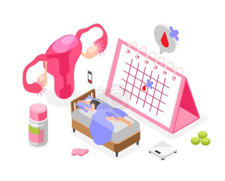Ilustración de Mujer síntomas de la menopausia ciclo menstrual irregular aumento de peso insomnio fatiga composición isométrica 3d vector ilustración - Imagen libre de derechos