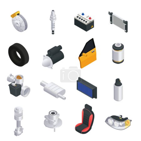 Illustration for Car parts spares isometric set with isolated icons of spare details refill units on blank background vector illustration - Royalty Free Image