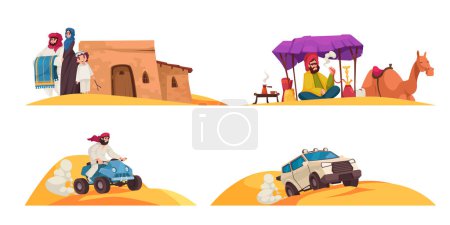 Téléchargez les illustrations : Compositions de dessins animés arabes du désert avec des gens en vêtements traditionnels dans des sables illustration vectorielle isolée - en licence libre de droit