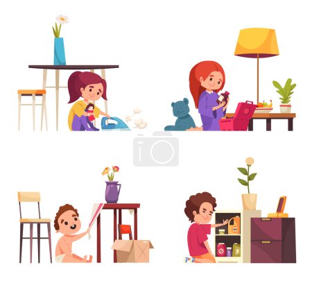 Illustration for Kid danger cartoon icons set with children in dangerous situations at home isolated vector illustration - Royalty Free Image