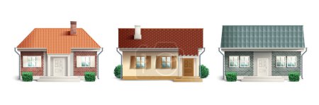 Téléchargez les illustrations : Icône de tuile chalet réaliste mis trois maisons dans différents styles et couleurs avec différentes toitures illustration vectorielle - en licence libre de droit