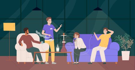 Illustration for Hookah bar flat composition the group of people in the bar smoking hookah and the hookah maker is changing coals in it vector illustration - Royalty Free Image