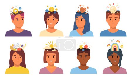 Illustration for People thinking types flat icon set different kinds of thoughts in head depicted abstractly as figures above peoples heads vector illustration - Royalty Free Image