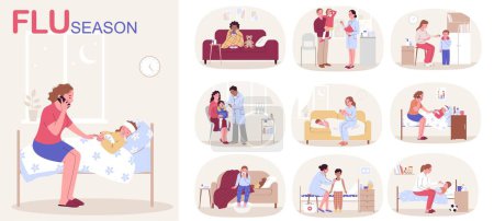 Ilustración de Conjunto de composición plana temporada de gripe con niños enfermos que sufren de varios síntomas ilustración vectorial aislada - Imagen libre de derechos