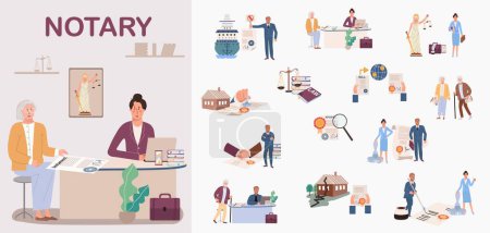 Illustration for Notary icons composition set with legal symbols flat isolated vector illustration - Royalty Free Image