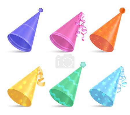 Téléchargez les illustrations : Chapeaux d'anniversaire pour les enfants fête ensemble réaliste de casquettes de clown colorées illustration vectorielle isolée - en licence libre de droit