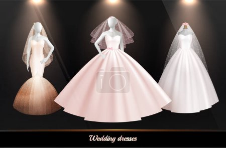 Illustration for Bride wedding dress realistic icon set three dresses in different styles worn on white mannequins vector illustration - Royalty Free Image