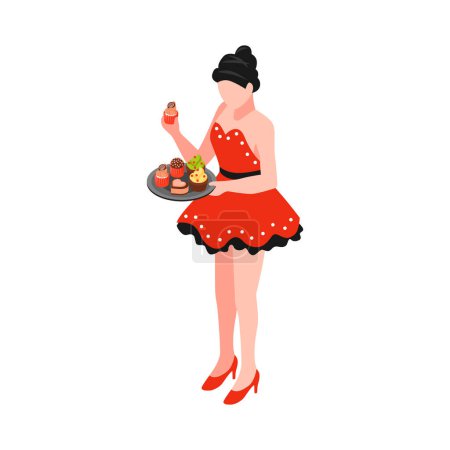 Illustration for Isometric female guest in red dress tasting desserts at banquet 3d vector illustration - Royalty Free Image