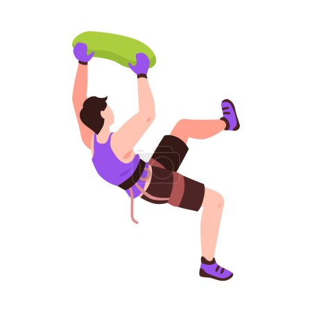 Illustration for Isometric climber on climbing wall holding on green grip 3d vector illustration - Royalty Free Image