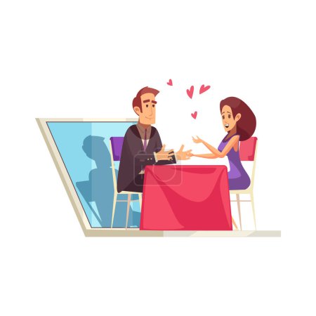 Ilustración de Amor virtual citas icono plano aplicación con el hombre y la mujer pasar tiempo juntos vector de ilustración - Imagen libre de derechos