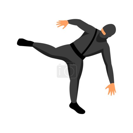 Isometrische männliche Ninja-Figur trägt schwarzes Kostüm 3D-Vektorillustration