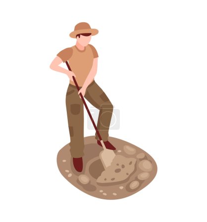 Illustration for Archeologist working with shovel at excavation site 3d isometric vector illustration - Royalty Free Image