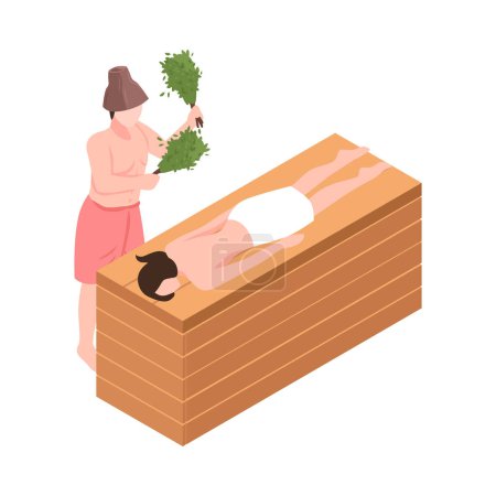 Ilustración de Personas tomando baño de vapor con la escoba ícono isométrico 3d vector ilustración - Imagen libre de derechos