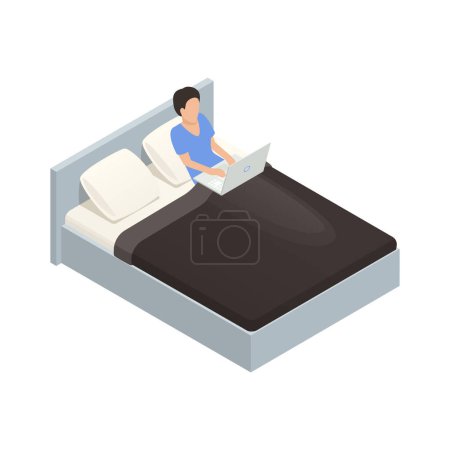 Illustration for Internet smartphone gadget addiction isometric concept with person using laptop in bed 3d vector illustration - Royalty Free Image