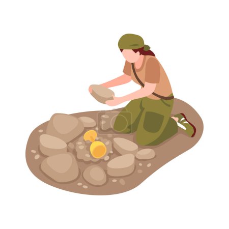 Illustration for Isometric human character of female archeologist during research of ancient artifacts 3d vector illustration - Royalty Free Image