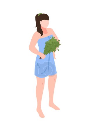 Illustration for Isometric woman in bathhouse holding broom 3d vector illustration - Royalty Free Image