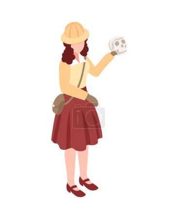 Illustration for Isometric female archeologist holding human skull 3d vector illustration - Royalty Free Image