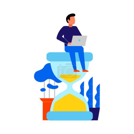 Illustration for Time management flat conceptual icon with person sitting on hourglass and working on laptop vector illustration - Royalty Free Image
