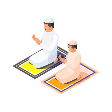Illustration for Isometric arabic family with man and his son praying on mats 3d vector illustration - Royalty Free Image