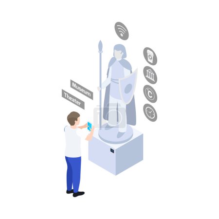 Ilustración de Icono isométrico moderno museo interactivo de la ciudad inteligente con el hombre usando el teléfono inteligente para mirar la escultura 3d vector ilustración - Imagen libre de derechos