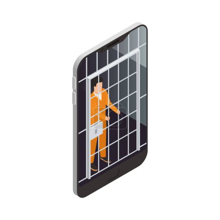 Illustration for Internet gadget addiction isometric concept with man imprisoned in smartphone 3d vector illustration - Royalty Free Image