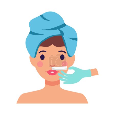Illustration for Young woman during procedure of hair removal with hot wax on lip area flat vector illustration - Royalty Free Image