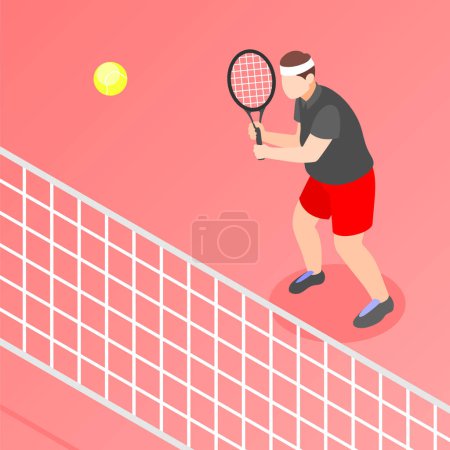 Illustration for Overweight man with racket playing tennis isometric background vector illustration - Royalty Free Image