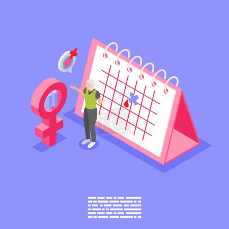 Ilustración de Síntomas isométricos de la menopausia Antecedentes irregulares del ciclo menstrual con calendario femenino e ilustración vectorial mujer 3d - Imagen libre de derechos