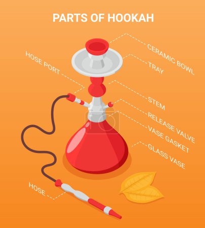 Illustration for Hookah parts isometric infographics depicting hose port ceramic bowl tray stem release valve glass vase vector illustration - Royalty Free Image
