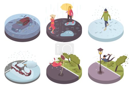 Illustration for Bad weather isometric compositions with people in extreme situations because of tornado snow tsunami rain isolated vector illustration - Royalty Free Image