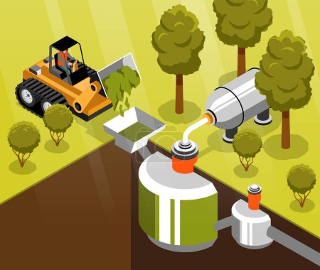 Téléchargez les illustrations : Composition isométrique du biogaz démontrant la biomasse comme source de vecteur de biocarburant vert illustration - en licence libre de droit
