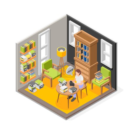 Illustration for Excess spending isometric composition with isolated view of living room with woman surrounded by many books vector illustration - Royalty Free Image