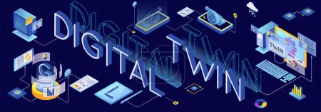 Illustration for Digital twin isometric horizontal banner with 3d models and scanning process on dark background vector illustration - Royalty Free Image