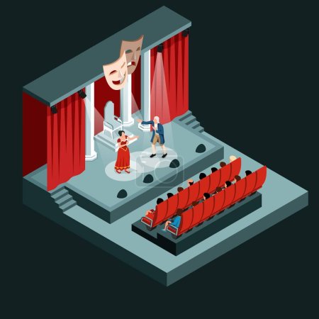 Illustration for Theater auditorium with the audience and artists on stage isolated object at black background isometric vector illustration - Royalty Free Image