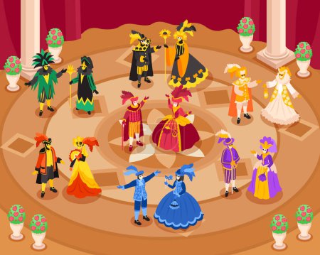Isometric venetian costumes carnival composition with indoor scenery luxury interior and human characters wearing medieval outfits vector illustration