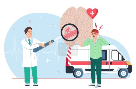 Ilustración de Cerebro accidente cerebrovascular composición plana con caracteres de ambulancia de médico y paciente con dolor de cabeza mal vector ilustración - Imagen libre de derechos