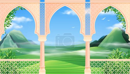Ilustración de Arcos orientales realistas con vista de colinas verdes del valle e ilustración del vector del cielo azul - Imagen libre de derechos