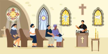 Ilustración de Iglesia interior de composición plana con vista interior de la capilla con sacerdote y personas que rezan en bancos ilustración vectorial - Imagen libre de derechos