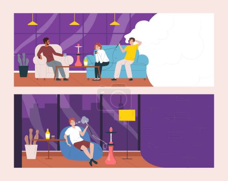 Illustration for Two horizontal colored hookah bar flat composition set the company of three people are relaxing and smoking hookah and one guy is sitting at the table relaxing vector illustration - Royalty Free Image