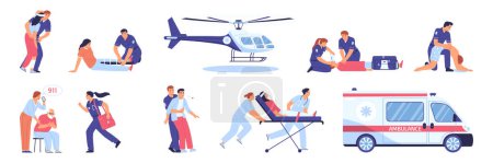 Illustration for First aid emergency icons flat set with paramedics rescuing accident victims isolated vector illustration - Royalty Free Image
