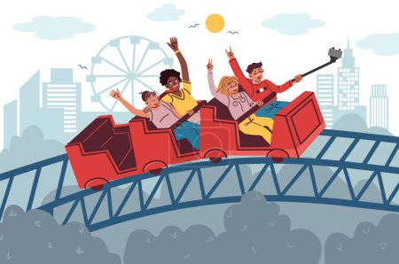 Illustration for Roller coaster flat set with cityscape scenery silhouettes of amusement park buildings and people taking ride vector illustration - Royalty Free Image