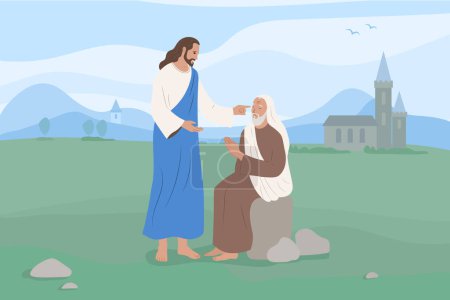 Illustration for Jesus christ with senior disciple flat vector illustration - Royalty Free Image