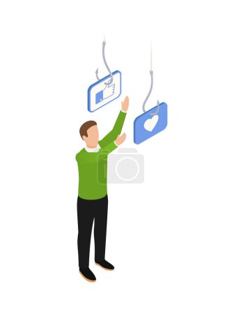 Illustration for Internet smartphone gadget addiction isometric concept with person trying to catch social media symbols hanging on hooks vector illustration - Royalty Free Image