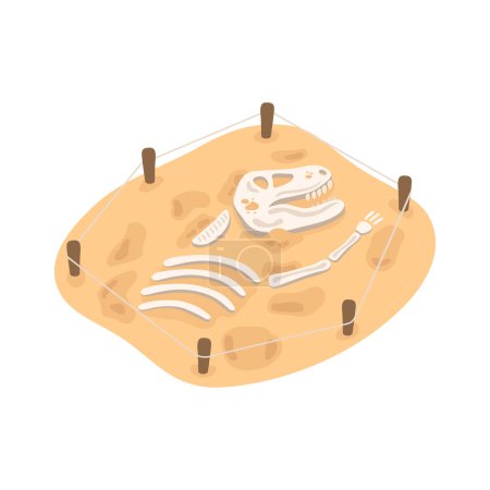 Archeology isometric icon with dinosaur skeleton at excavation site 3d vector illustration
