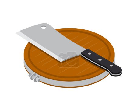 Illustration for Butcher tools isometric icon with wooden board and cleaver 3d vector illustration - Royalty Free Image